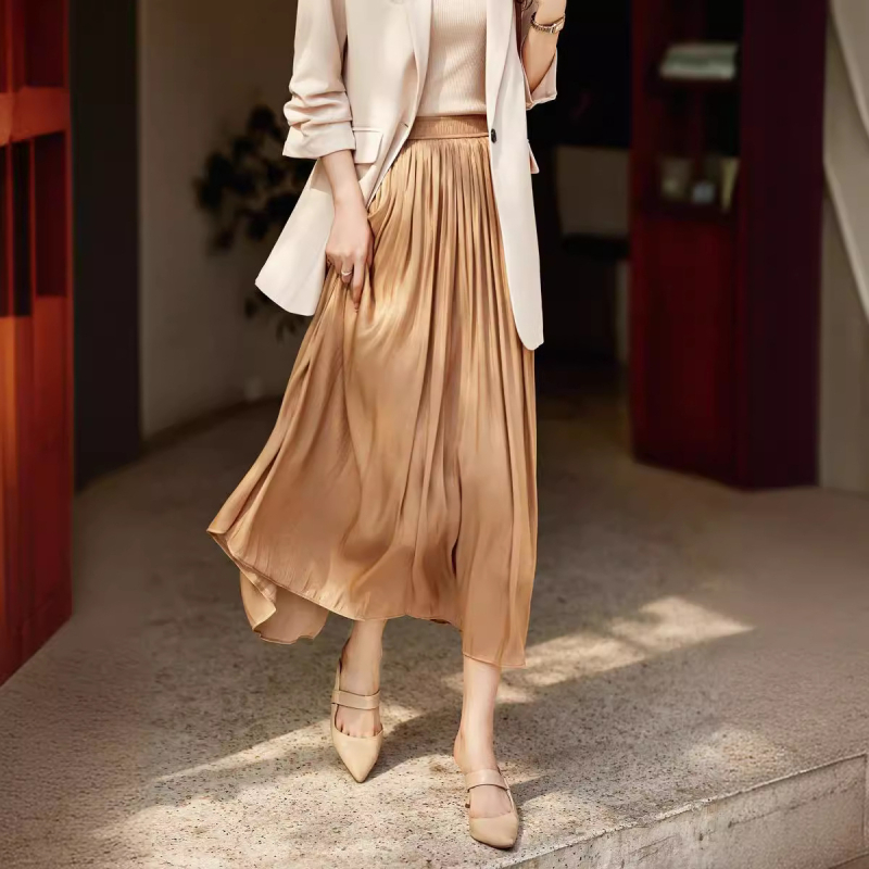 Jarná a letná 2024 Nová jemná stuha, medená amoniaková hodvábna sukňa, dámska skladaná sukňa s vysokým pásom, dlhá sukňa s rozprávkovou módou