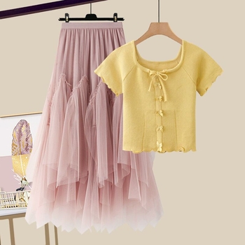 Modni ženski ljetni komplet za 2025. godinu, novi, za smanjenje dobi, majica kratkih rukava, visoki struk, mrežasta suknja od dva dijela, trendi set