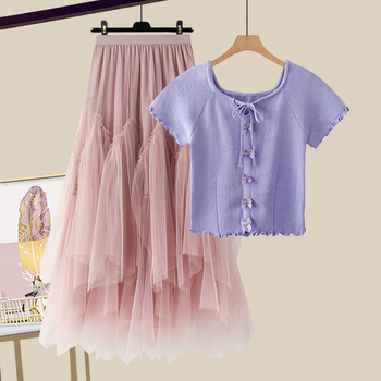 Modni ženski ljetni komplet za 2025. godinu, novi, za smanjenje dobi, majica kratkih rukava, visoki struk, mrežasta suknja od dva dijela, trendi set