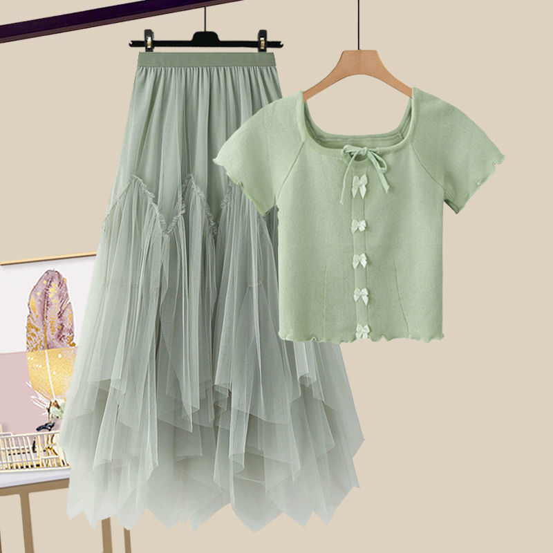 Modni ženski ljetni komplet za 2025. godinu, novi, za smanjenje dobi, majica kratkih rukava, visoki struk, mrežasta suknja od dva dijela, trendi set