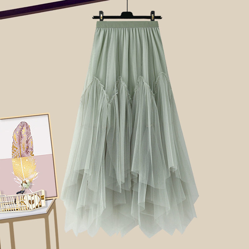 Modni ženski ljetni komplet za 2025. godinu, novi, za smanjenje dobi, majica kratkih rukava, visoki struk, mrežasta suknja od dva dijela, trendi set