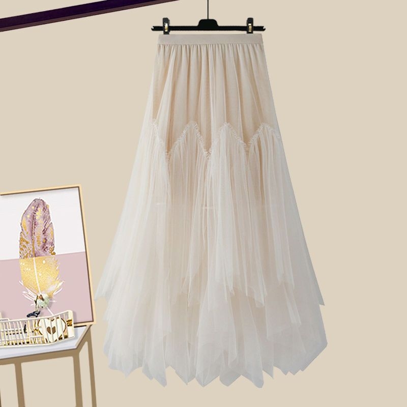 Modni ženski ljetni komplet za 2025. godinu, novi, za smanjenje dobi, majica kratkih rukava, visoki struk, mrežasta suknja od dva dijela, trendi set