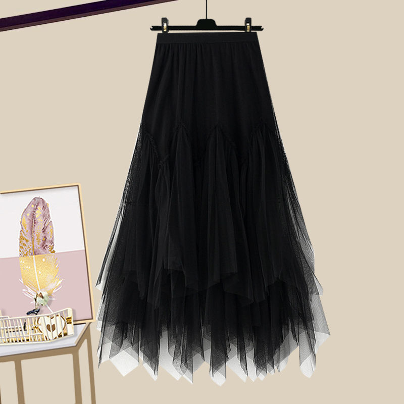 Modni ženski ljetni komplet za 2025. godinu, novi, za smanjenje dobi, majica kratkih rukava, visoki struk, mrežasta suknja od dva dijela, trendi set