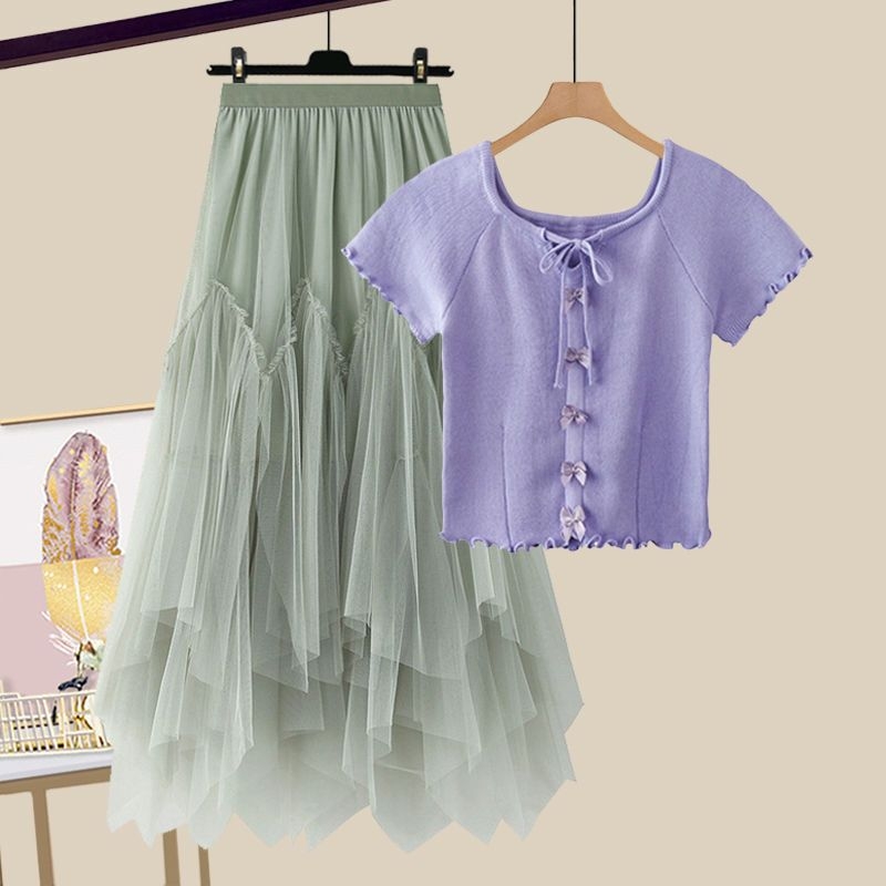 Modni ženski ljetni komplet za 2025. godinu, novi, za smanjenje dobi, majica kratkih rukava, visoki struk, mrežasta suknja od dva dijela, trendi set