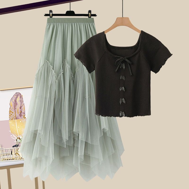 Modni ženski ljetni komplet za 2025. godinu, novi, za smanjenje dobi, majica kratkih rukava, visoki struk, mrežasta suknja od dva dijela, trendi set