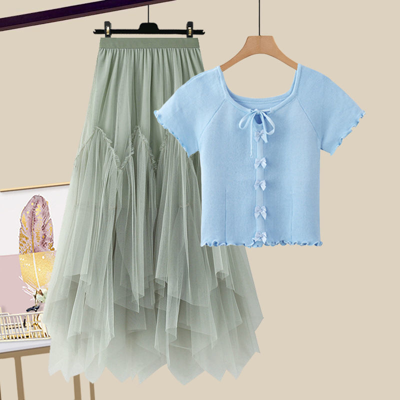 Modni ženski ljetni komplet za 2025. godinu, novi, za smanjenje dobi, majica kratkih rukava, visoki struk, mrežasta suknja od dva dijela, trendi set