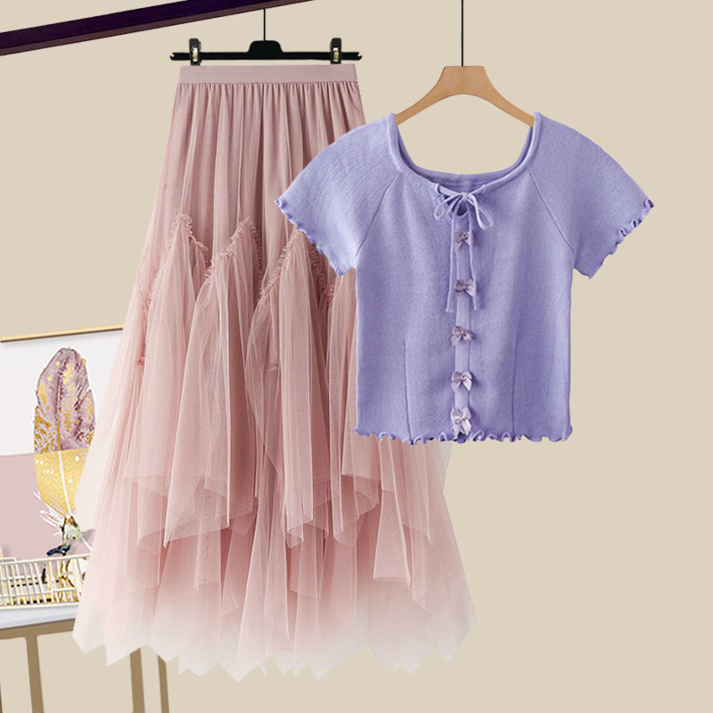 Modni ženski ljetni komplet za 2025. godinu, novi, za smanjenje dobi, majica kratkih rukava, visoki struk, mrežasta suknja od dva dijela, trendi set