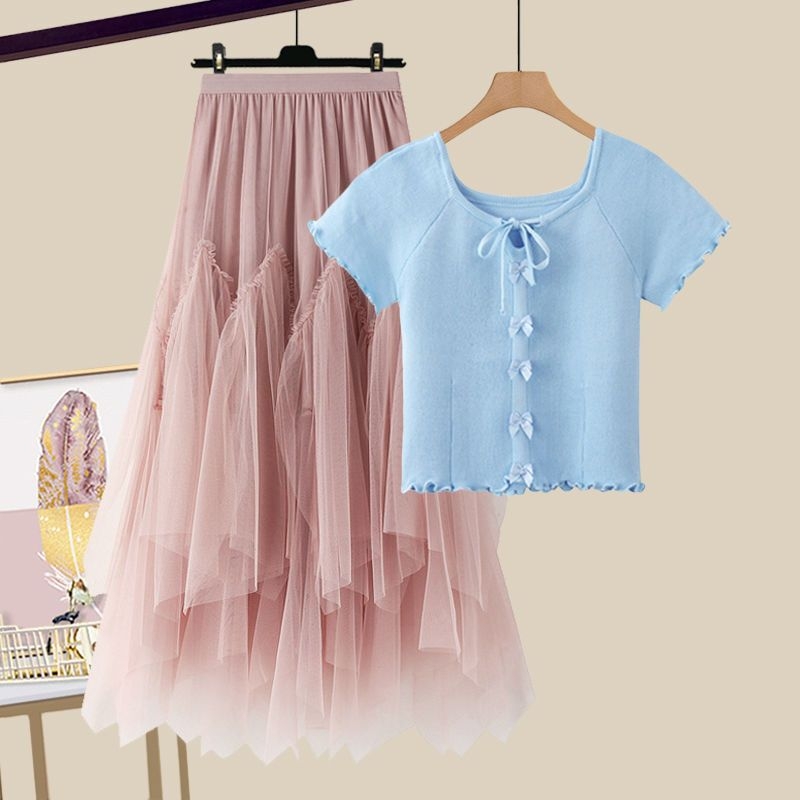 Modni ženski ljetni komplet za 2025. godinu, novi, za smanjenje dobi, majica kratkih rukava, visoki struk, mrežasta suknja od dva dijela, trendi set