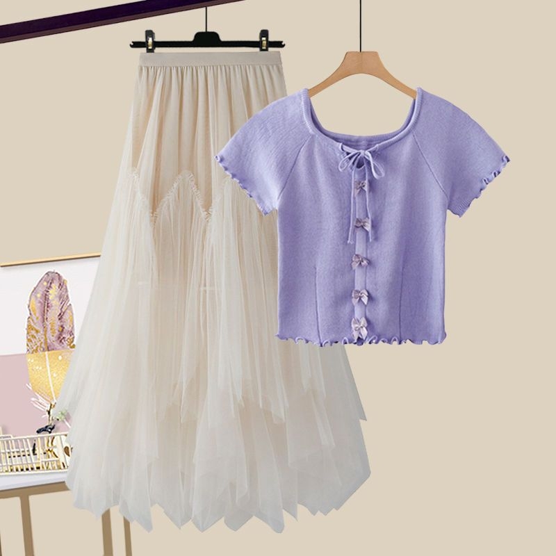 Modni ženski ljetni komplet za 2025. godinu, novi, za smanjenje dobi, majica kratkih rukava, visoki struk, mrežasta suknja od dva dijela, trendi set