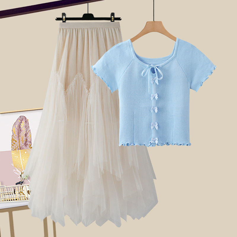 Modni ženski ljetni komplet za 2025. godinu, novi, za smanjenje dobi, majica kratkih rukava, visoki struk, mrežasta suknja od dva dijela, trendi set