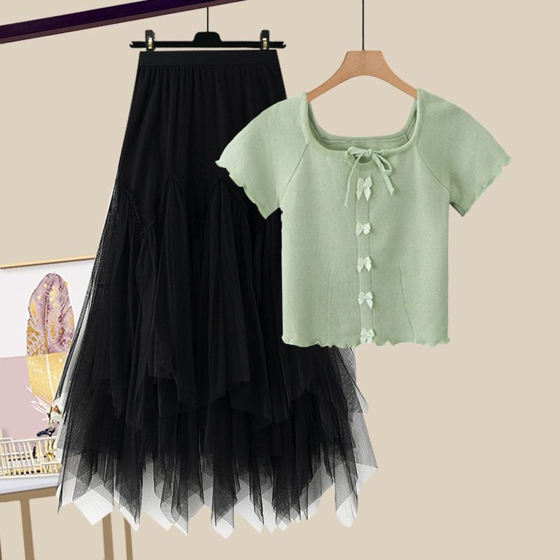 Modni ženski ljetni komplet za 2025. godinu, novi, za smanjenje dobi, majica kratkih rukava, visoki struk, mrežasta suknja od dva dijela, trendi set