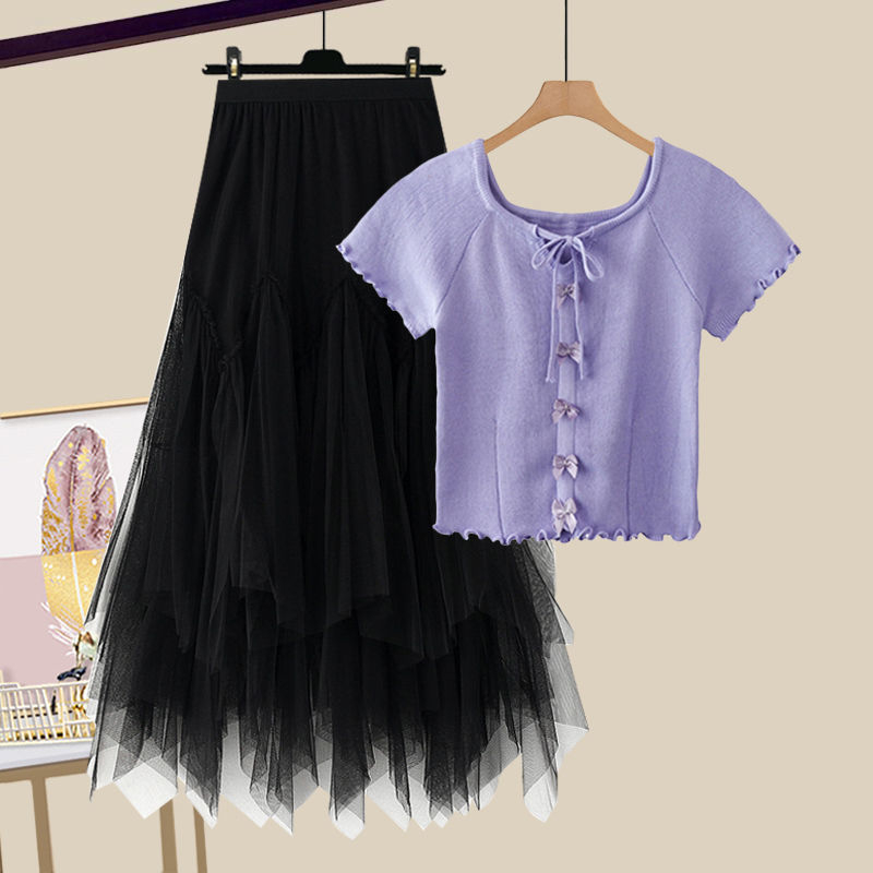 Modni ženski ljetni komplet za 2025. godinu, novi, za smanjenje dobi, majica kratkih rukava, visoki struk, mrežasta suknja od dva dijela, trendi set