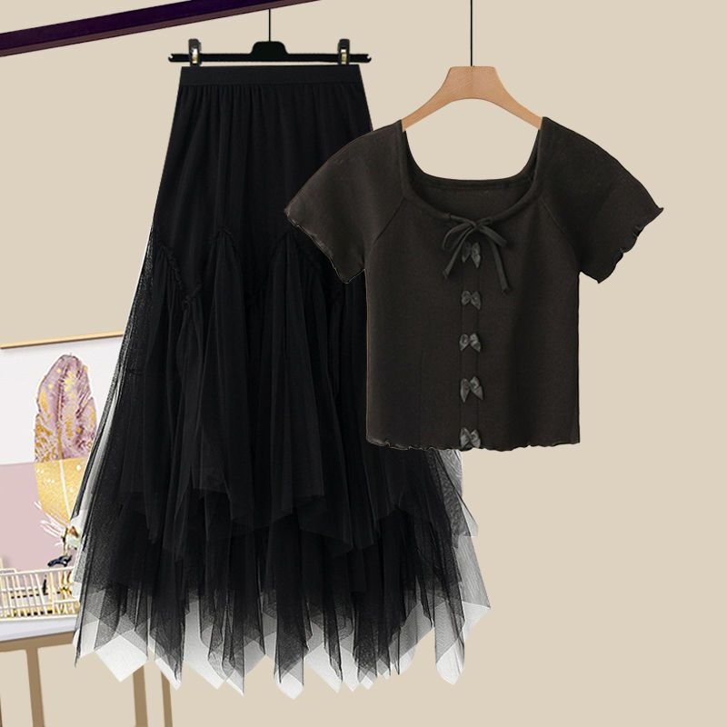 Modni ženski ljetni komplet za 2025. godinu, novi, za smanjenje dobi, majica kratkih rukava, visoki struk, mrežasta suknja od dva dijela, trendi set