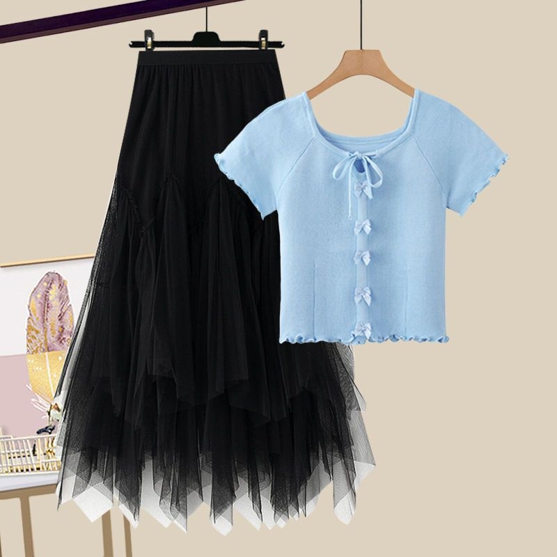 Modni ženski ljetni komplet za 2025. godinu, novi, za smanjenje dobi, majica kratkih rukava, visoki struk, mrežasta suknja od dva dijela, trendi set