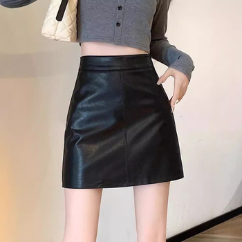 Čierna malá kožená sukňa s vysokým pásom, dámska nová úzka kožená sukňa s protišmykovým vzorom, jeseň a zima 2024