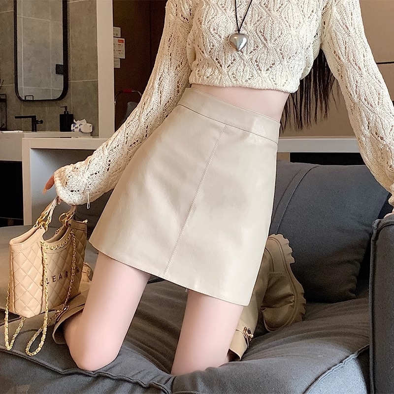 Čierna malá kožená sukňa s vysokým pásom, dámska nová úzka kožená sukňa s protišmykovým vzorom, jeseň a zima 2024