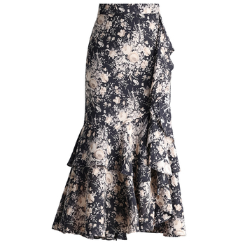 Дамска пола с неправилен щампа от шифон с волани, лято 2024, нова, с висока талия и А-силует, прилепваща към ханша, средна дължина