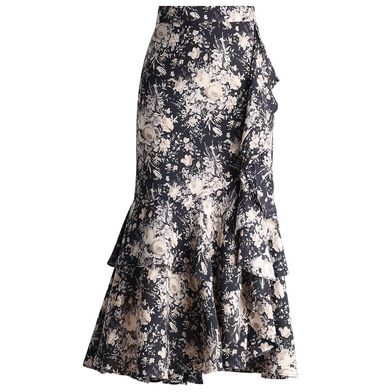 Nepravilna suknja od šifona s nabranim printom za žene, ljeto 2024., nova visokostrukirana suknja A-kroja s ribljim repom, uska do bokova, srednje duljine