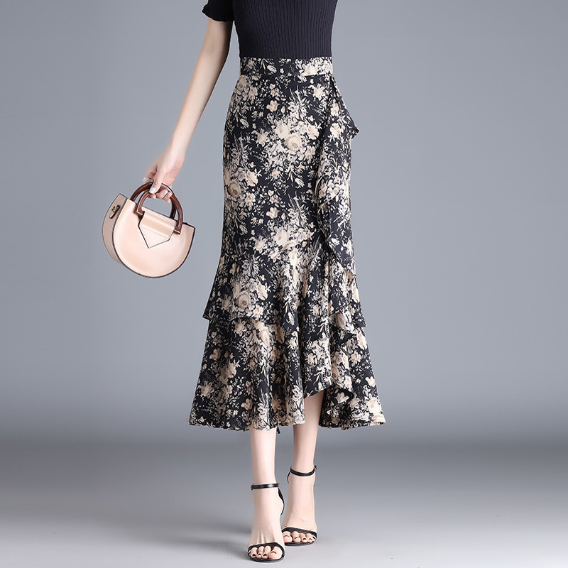 Nepravilna suknja od šifona s nabranim printom za žene, ljeto 2024., nova visokostrukirana suknja A-kroja s ribljim repom, uska do bokova, srednje duljine