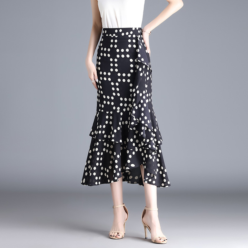 Nepravilna suknja od šifona s nabranim printom za žene, ljeto 2024., nova visokostrukirana suknja A-kroja s ribljim repom, uska do bokova, srednje duljine
