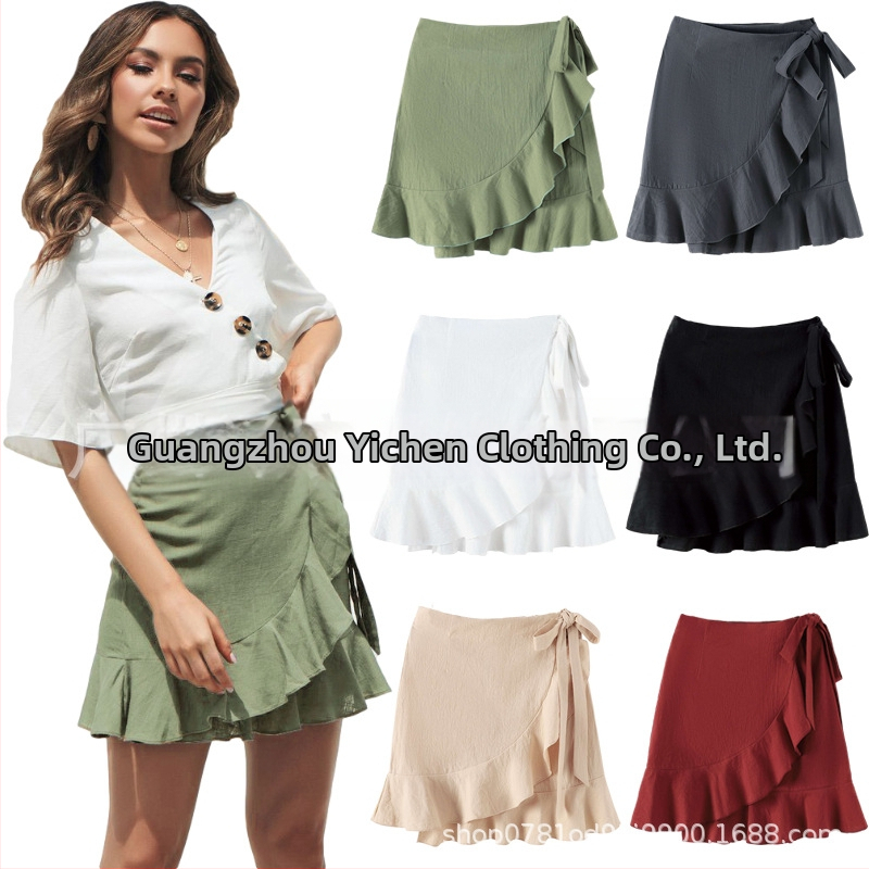 Dámska krátka sukňa s vysokým pásom a jednofarebným vzorom, cezhraničná Amazonka, európska a americká, s krátkymi rukávmi, 8766