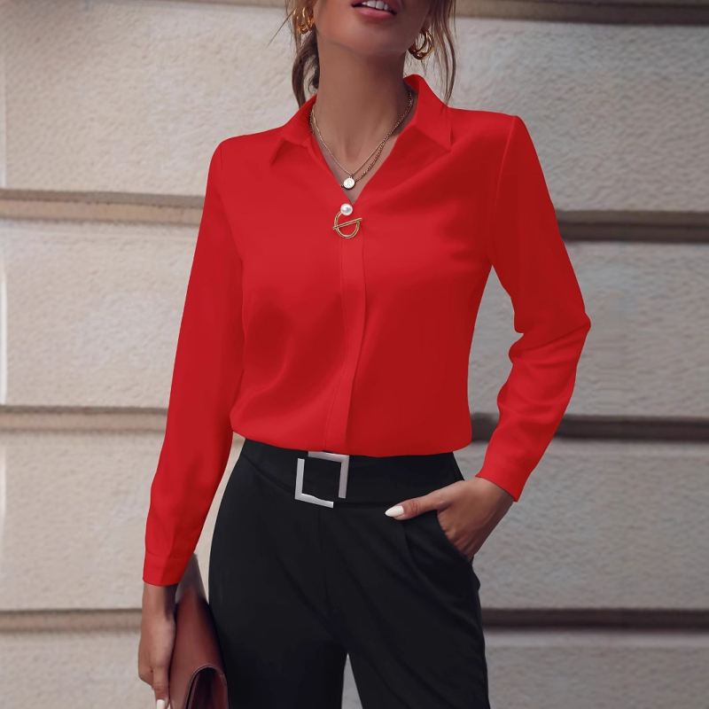 Dámske košele pre európske a americké dochádzajúce ženy, všestranné a jednoduché jednofarebné košele Amazon, košele s dlhým rukávom strednej dĺžky pre väčšie veľkosti