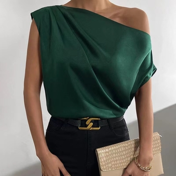 2024 m. Europos ir Amerikos „Amazon“ tarpvalstybinė moteriška pavasario ir vasaros atlasinė vienspalvė pečių asimetrinė apykaklė liemenė