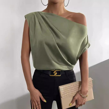 2024 m. Europos ir Amerikos „Amazon“ tarpvalstybinė moteriška pavasario ir vasaros atlasinė vienspalvė pečių asimetrinė apykaklė liemenė