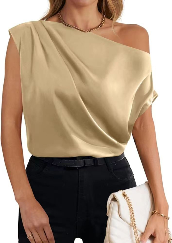 2024 m. Europos ir Amerikos „Amazon“ tarpvalstybinė moteriška pavasario ir vasaros atlasinė vienspalvė pečių asimetrinė apykaklė liemenė