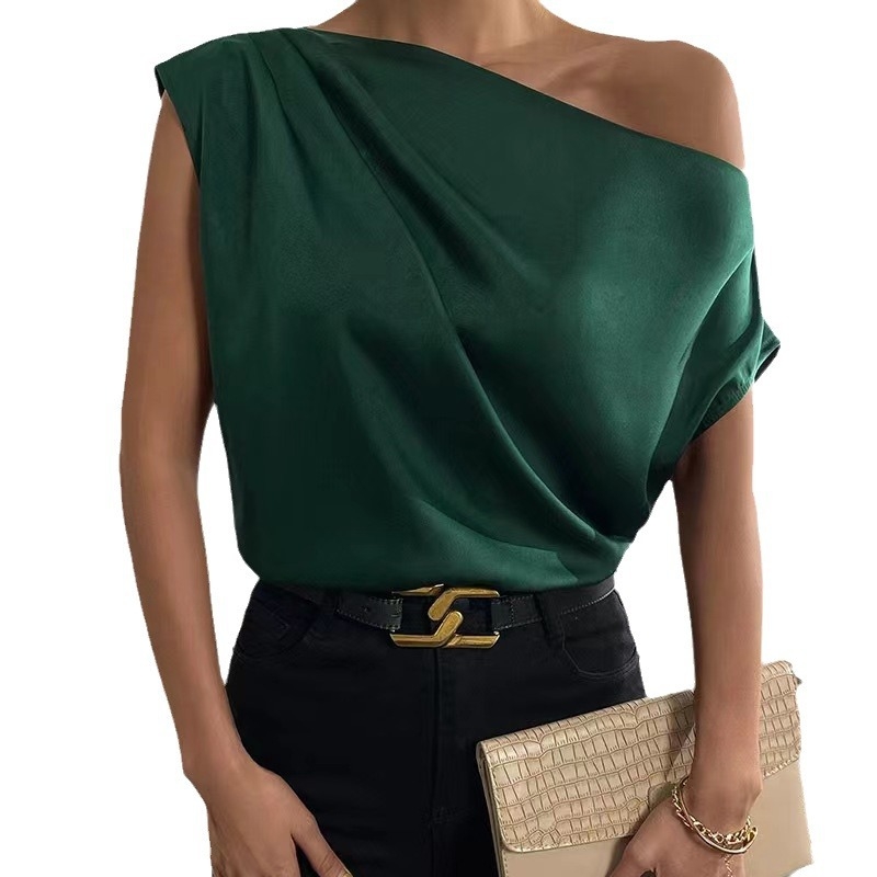 2024 m. Europos ir Amerikos „Amazon“ tarpvalstybinė moteriška pavasario ir vasaros atlasinė vienspalvė pečių asimetrinė apykaklė liemenė