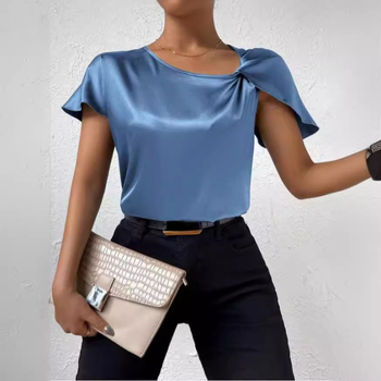 2025 Európsky a americký export cezhraničných dodávok letný saténový krátky rukáv saténový krútený čistofarebný voľný všestranný top pre ženy