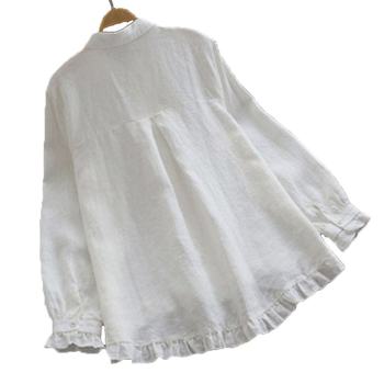 Jarný nový japonský štýl, voľný top z bavlny a ľanu, dámska jednofarebná košeľa veľkej veľkosti v tvare A, volánová košeľa z bavlny a ľanu pre ženy