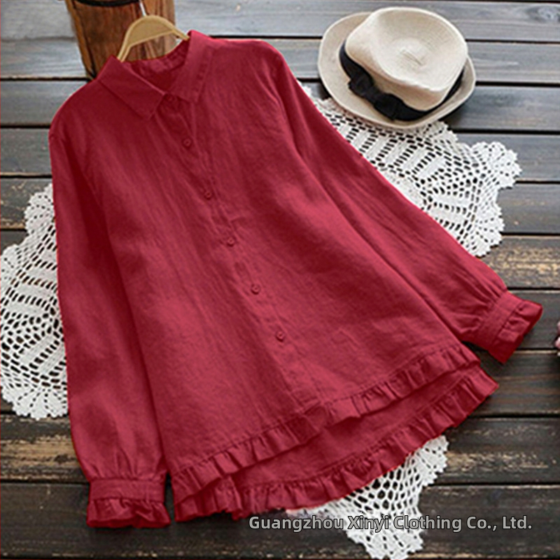 Jarný nový japonský štýl, voľný top z bavlny a ľanu, dámska jednofarebná košeľa veľkej veľkosti v tvare A, volánová košeľa z bavlny a ľanu pre ženy