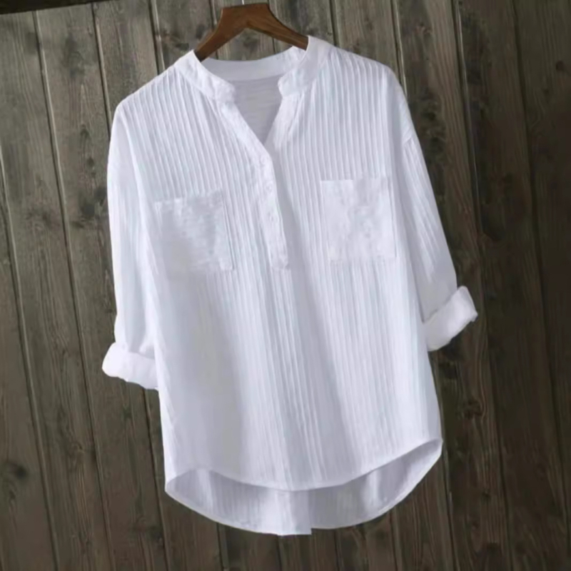 Dámske biele tričko s dlhým rukávom pre ženy z roku 2024, voľné a ležérne, s výstrihom do V