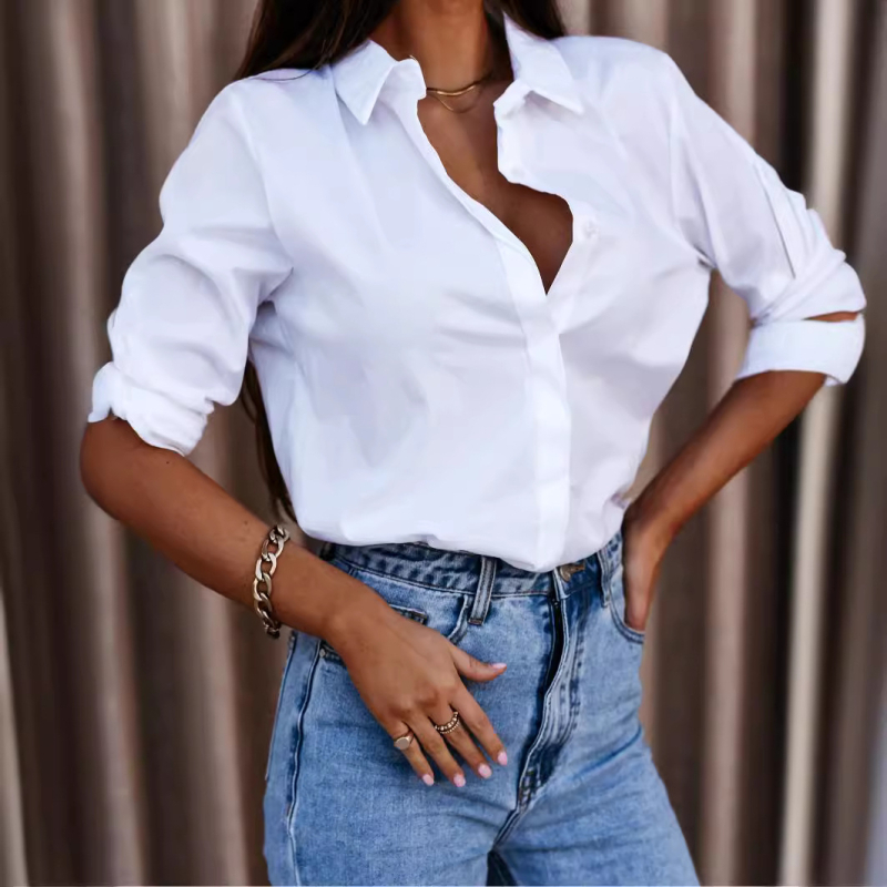 2023 AliExpress želja Amazon popularna jesenska jednostavna ženska košulja dugih rukava s V-izrezom i gumbima