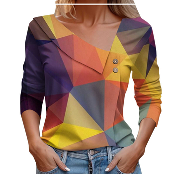 2024. Izravna prodaja iz tvornice, europska i američka prekogranična Amazon proljetna i jesenska ženska majica dugih rukava s gumbima, dijagonalnim ovratnikom, geometrijskim blokovima boja