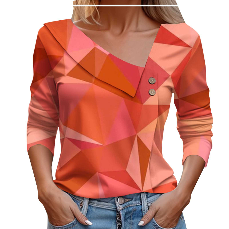 2024. Izravna prodaja iz tvornice, europska i američka prekogranična Amazon proljetna i jesenska ženska majica dugih rukava s gumbima, dijagonalnim ovratnikom, geometrijskim blokovima boja