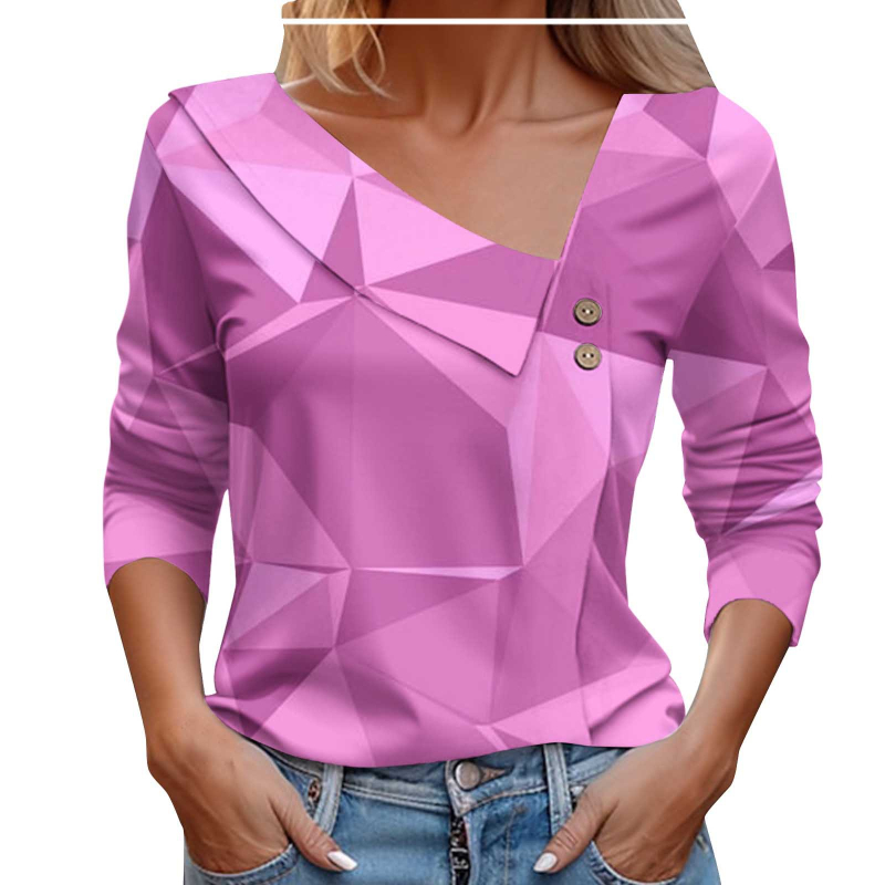 2024. Izravna prodaja iz tvornice, europska i američka prekogranična Amazon proljetna i jesenska ženska majica dugih rukava s gumbima, dijagonalnim ovratnikom, geometrijskim blokovima boja
