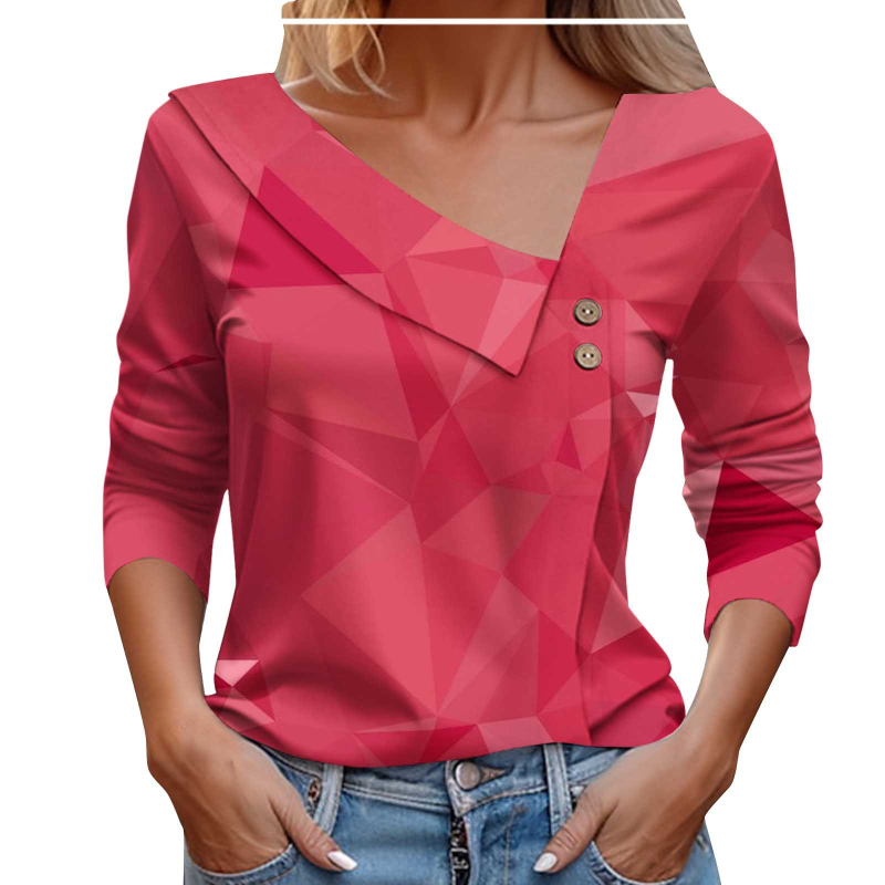 2024. Izravna prodaja iz tvornice, europska i američka prekogranična Amazon proljetna i jesenska ženska majica dugih rukava s gumbima, dijagonalnim ovratnikom, geometrijskim blokovima boja