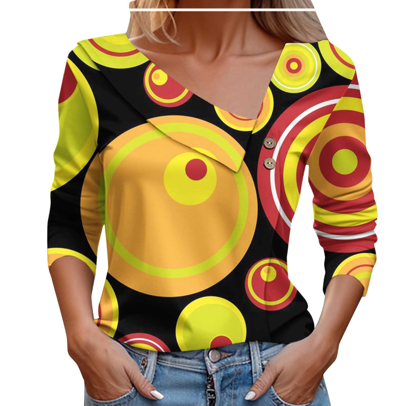 2024. Izravna prodaja iz tvornice, europska i američka prekogranična Amazon proljetna i jesenska ženska majica dugih rukava s gumbima, dijagonalnim ovratnikom, geometrijskim blokovima boja