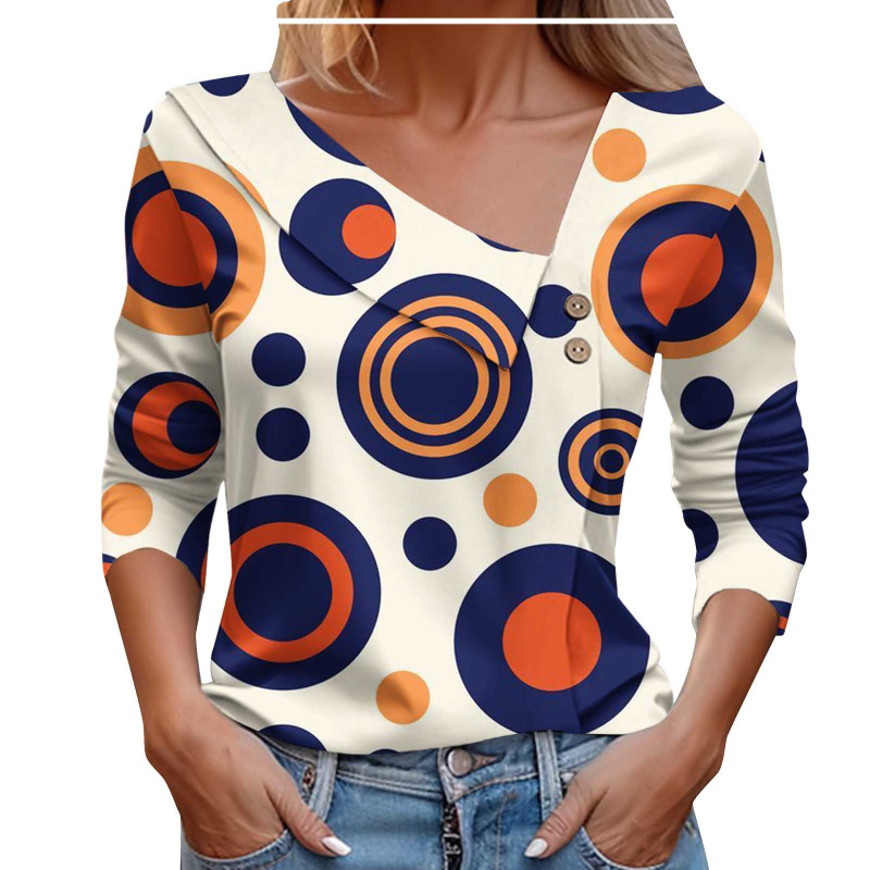 2024. Izravna prodaja iz tvornice, europska i američka prekogranična Amazon proljetna i jesenska ženska majica dugih rukava s gumbima, dijagonalnim ovratnikom, geometrijskim blokovima boja