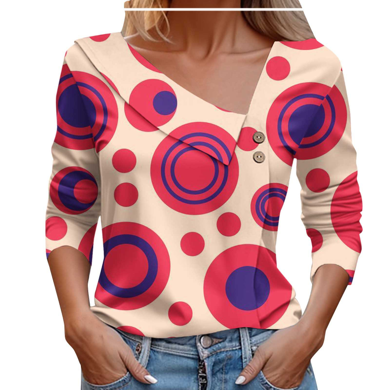 2024. Izravna prodaja iz tvornice, europska i američka prekogranična Amazon proljetna i jesenska ženska majica dugih rukava s gumbima, dijagonalnim ovratnikom, geometrijskim blokovima boja