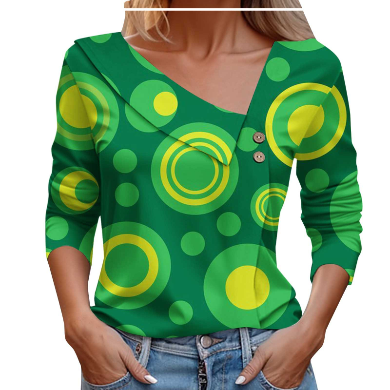 2024. Izravna prodaja iz tvornice, europska i američka prekogranična Amazon proljetna i jesenska ženska majica dugih rukava s gumbima, dijagonalnim ovratnikom, geometrijskim blokovima boja