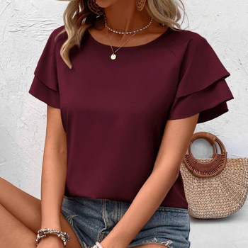 Novi ženski top s okruglim izrezom, dvoslojnim nabranim rukavima i kratkim rukavima, europske i američke prekogranične ljetne majice