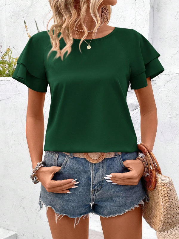Novi ženski top s okruglim izrezom, dvoslojnim nabranim rukavima i kratkim rukavima, europske i američke prekogranične ljetne majice