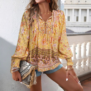 Dámske topy a košele s dlhým rukávom, výstrihom do V a šnurovaním v európskom a americkom štýle, jar a leto 2025, bohémsky rekreačný štýl
