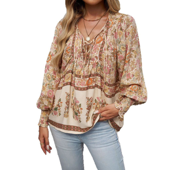Dámske topy a košele s dlhým rukávom, výstrihom do V a šnurovaním v európskom a americkom štýle, jar a leto 2025, bohémsky rekreačný štýl