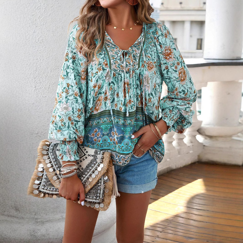 Bluze și tricouri europene și americane 2025 primăvara și vara stil boem resort imprimat cu decolteu în V și dantelă cu mânecă lungă pentru femei stil european și american