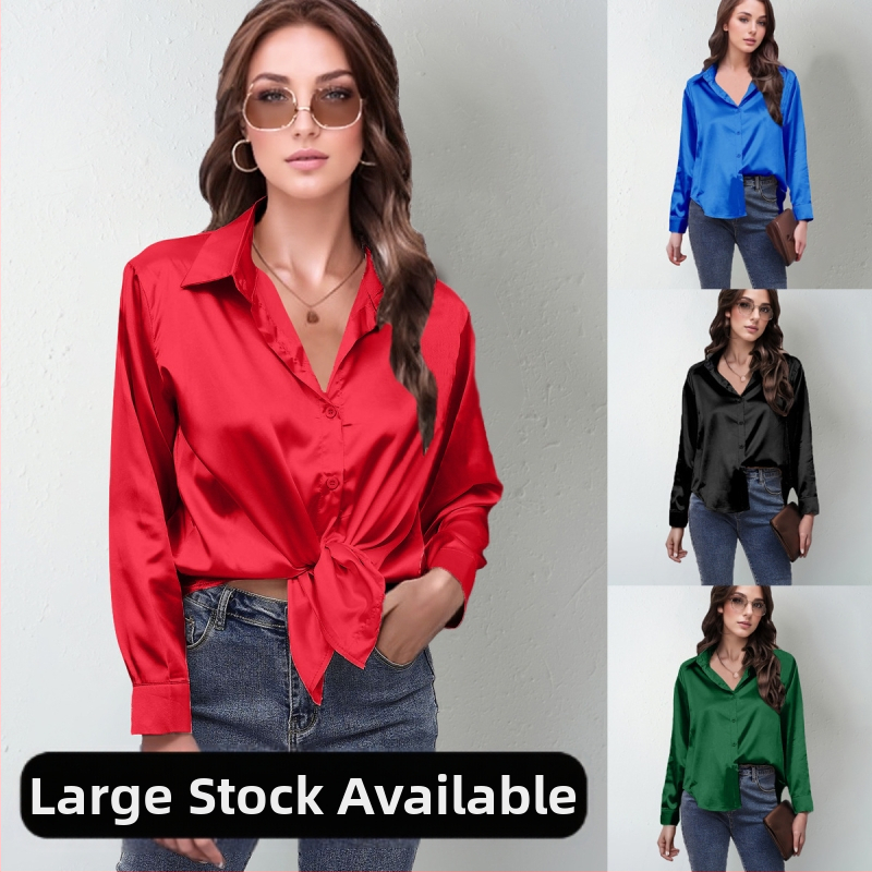 Prekogranična popularna proljetna i ljetna nova satenska košulja za žene, imitacija svile, košulja dugih rukava, vrhunska europska i američka odjeća za vanjsku trgovinu za žene