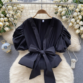 Ženska jesenska košulja s puf rukavima u hongkonškom stilu, visokokvalitetna, s pojasom, plisiranim atmosferskim efektom, laganim i luksuznim topom za društvene pripadnice